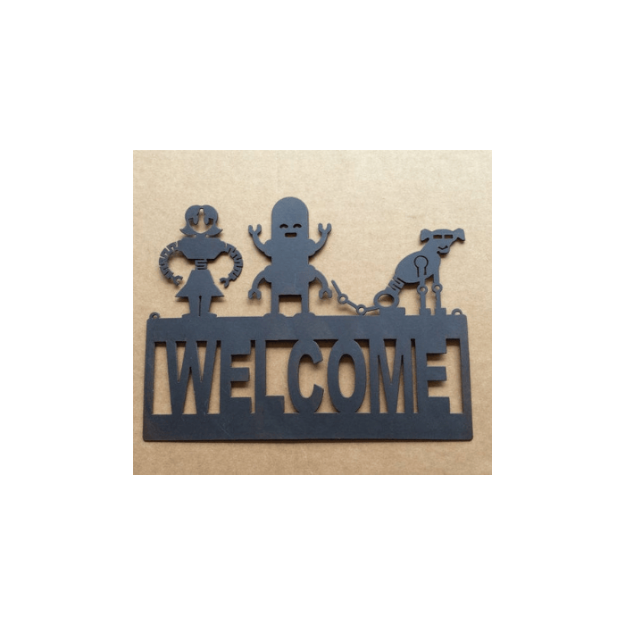 Rusty Rooster Fabrication & Design Welcome Sign with Robot Family and Dog (Q8)