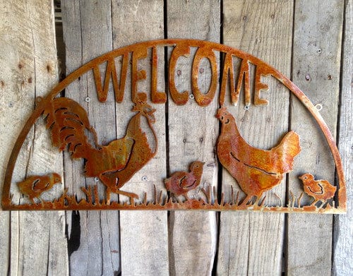 Rusty Rooster Fabrication & Design Welcome Sign with Rooster, Hen and Chicks (X30)