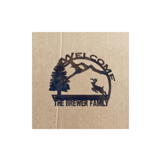 Rusty Rooster Fabrication & Design Welcome Sign with Running Deer and Custom Text Field (K8)