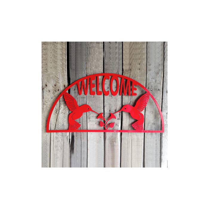 Rusty Rooster Fabrication & Design Welcome Sign with Two Hummingbirds and Flowers (C)