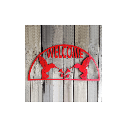 Rusty Rooster Fabrication & Design Welcome Sign with Two Hummingbirds and Flowers (C)