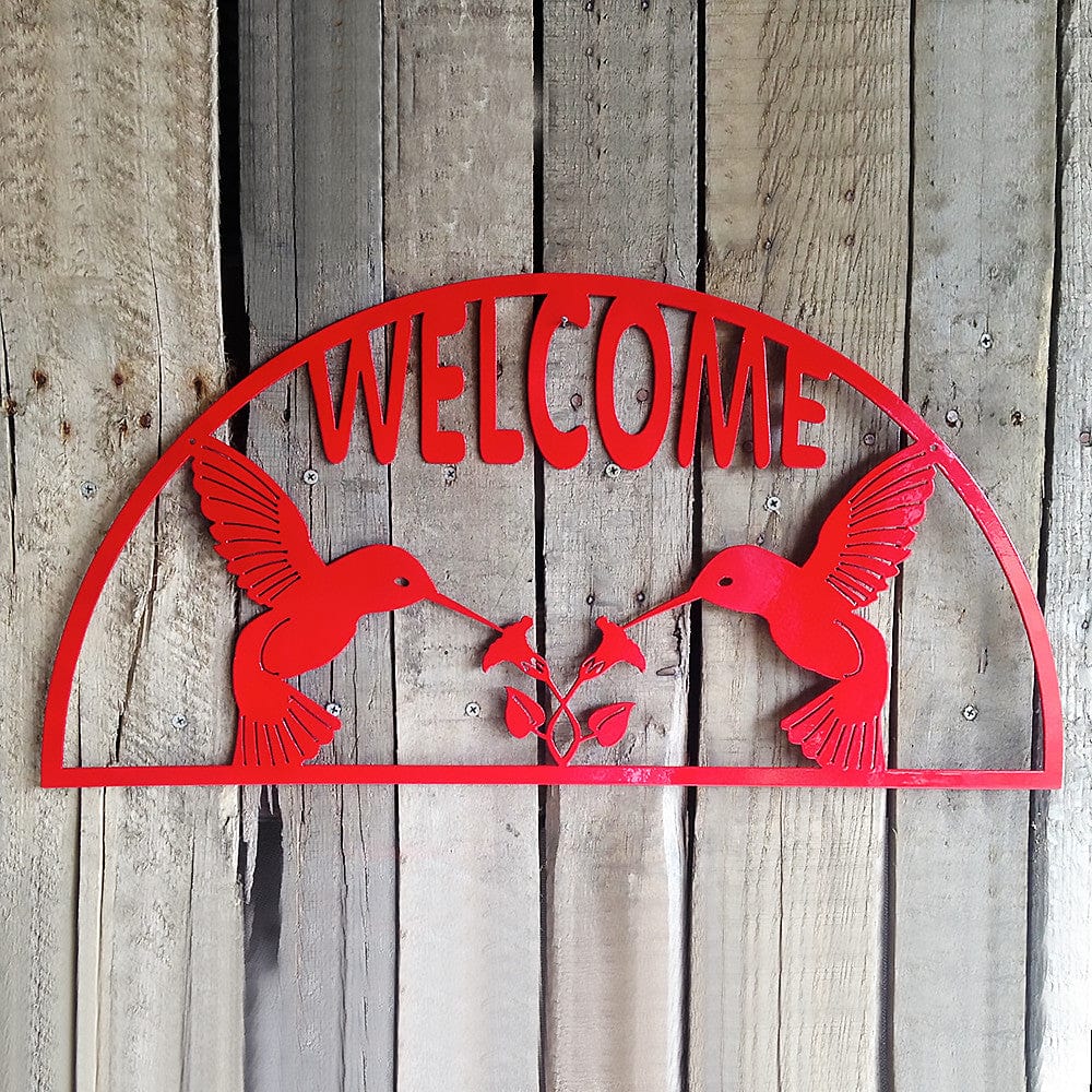 Rusty Rooster Fabrication & Design Welcome Sign with Two Hummingbirds and Flowers (C)