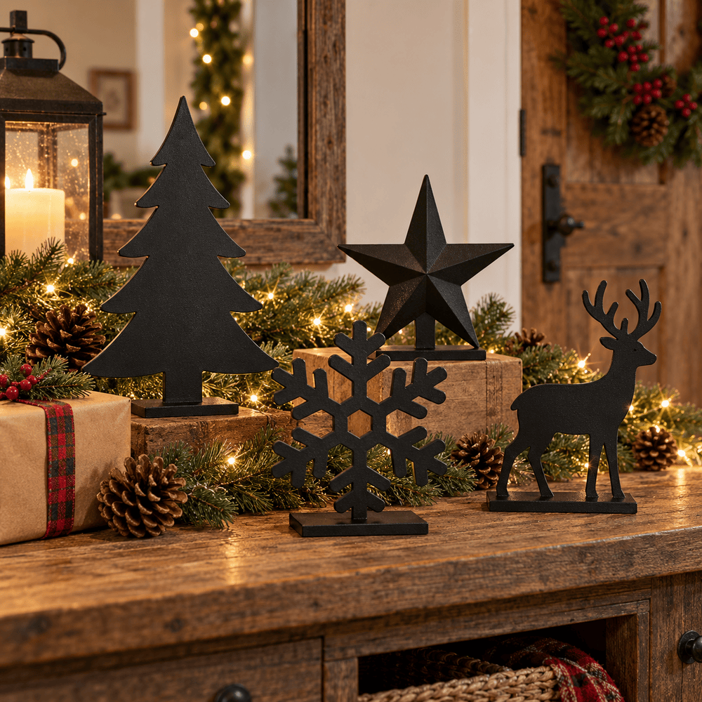 Handcrafted black metal Christmas decor displayed with evergreen branches and wrapped gifts