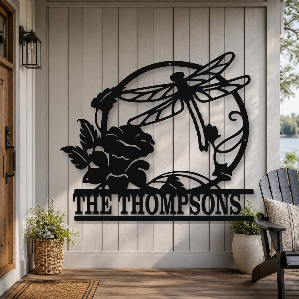 Rusty Rooster Metal Home Decor Personalized Dragonfly & Flower Welcome Sign (B75)