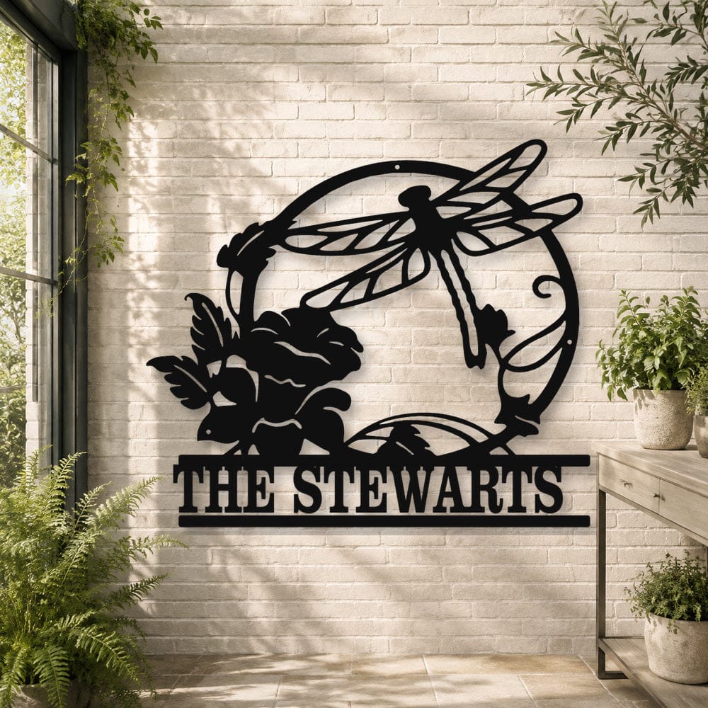 Rusty Rooster Metal Home Decor Personalized Dragonfly & Flower Welcome Sign (B75)