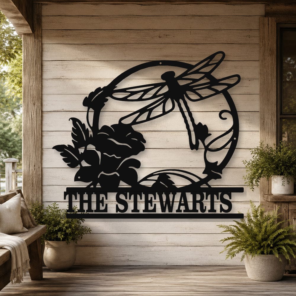 Rusty Rooster Metal Home Decor Personalized Dragonfly & Flower Welcome Sign (B75)