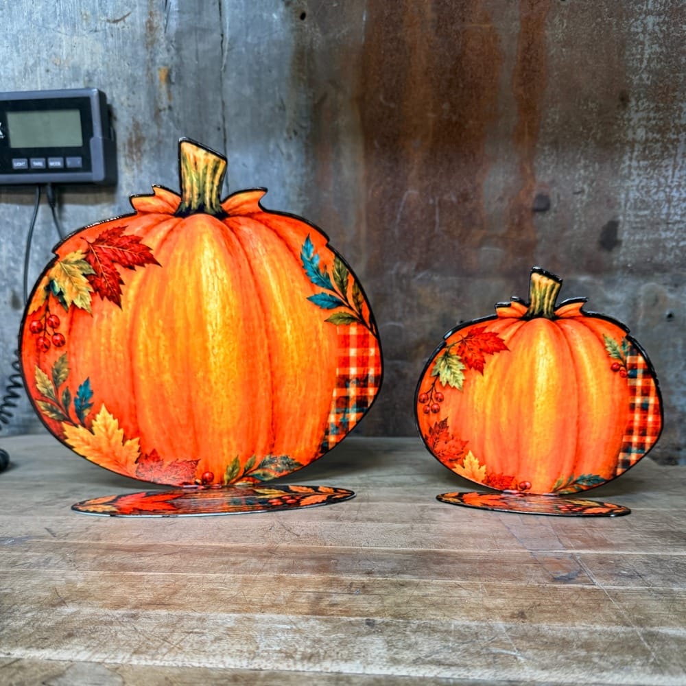 Rusty Rooster Metal Seasonal Tabletop Decor Fall Tabletop Metal Pumpkins - 3 Sizes and 2 Prints (Sub B90 & Sub B91)