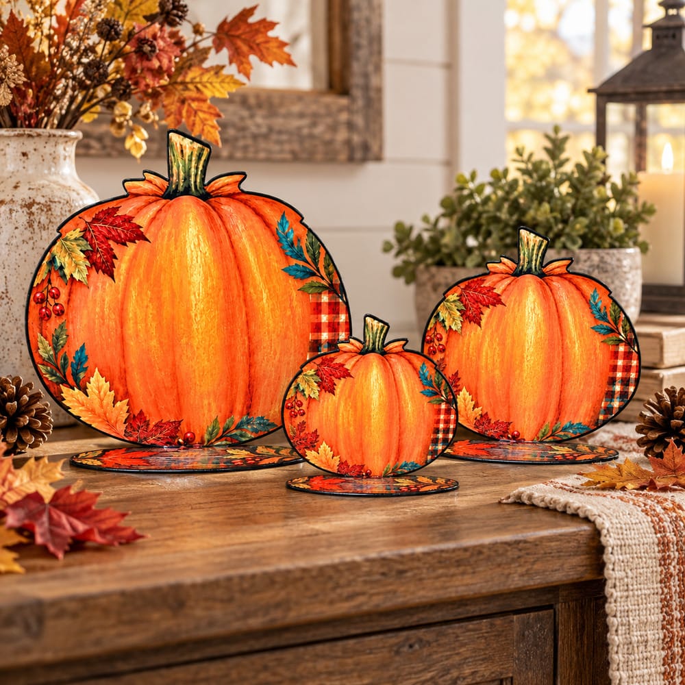 Rusty Rooster Metal Seasonal Tabletop Decor Fall Tabletop Metal Pumpkins - 3 Sizes and 2 Prints (Sub B90 & Sub B91)