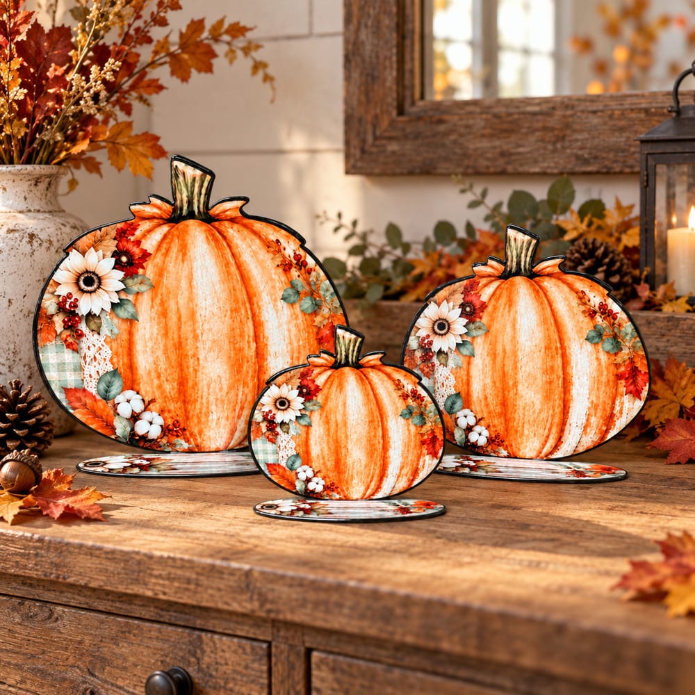 Rusty Rooster Metal Seasonal Tabletop Decor Fall Tabletop Metal Pumpkins - 3 Sizes and 2 Prints (Sub B90 & Sub B91)