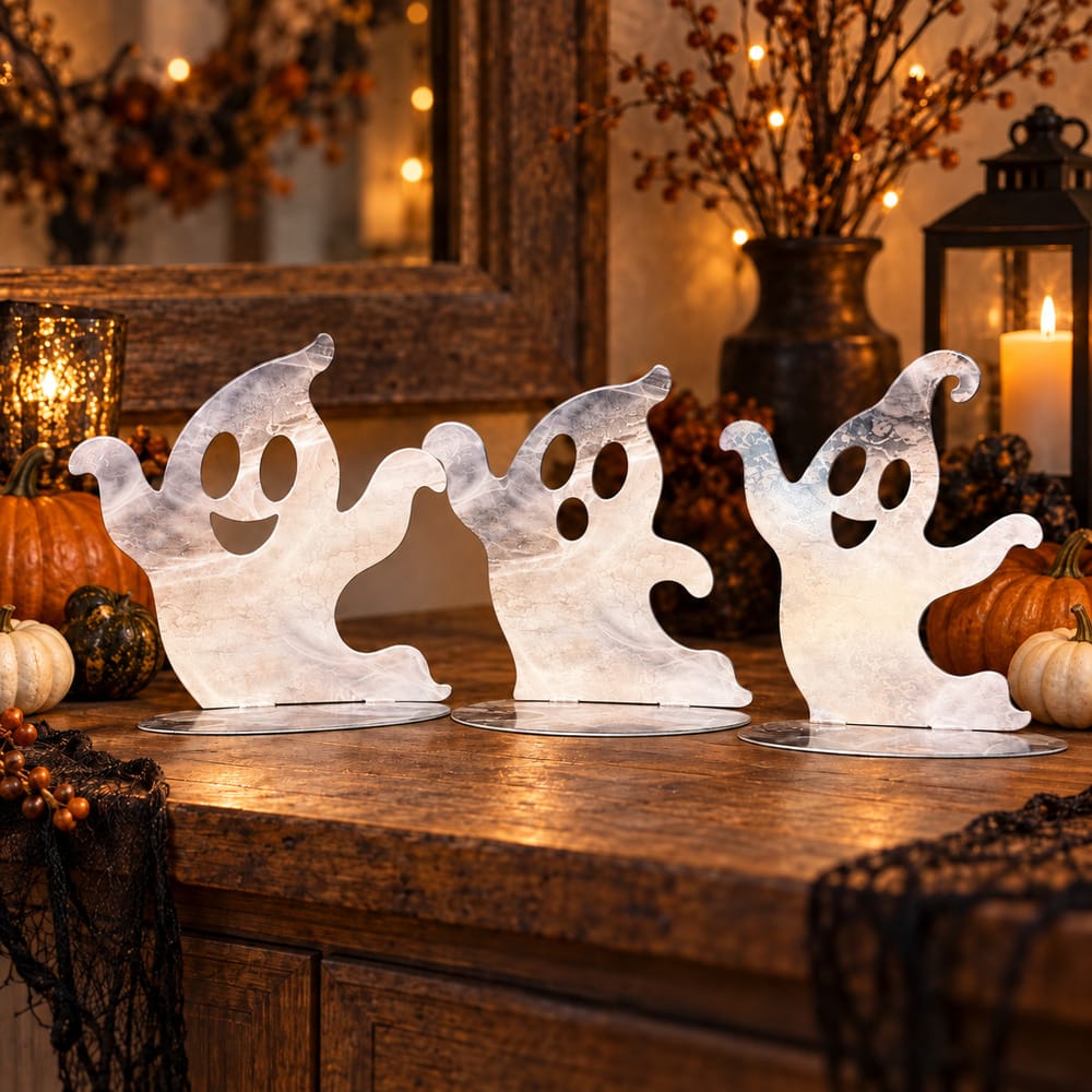 Rusty Rooster Metal Seasonal Tabletop Decor Freestanding Tabletop Metal Ghosts - 3 Designs and 2 Finishes (Sub 97)