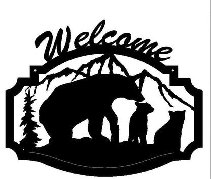 rustyroostermetal Bear with Cubs Welcome Sign (B32)