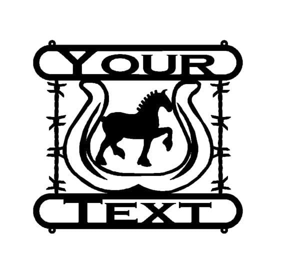 rustyroostermetal Physical product Horse with Horse shoe and Barbed Wire border with custom text (Z15)