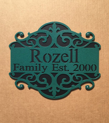rustyroostermetal Physical product Personalized Sign with Scroll Design and Backing Plate (j29)