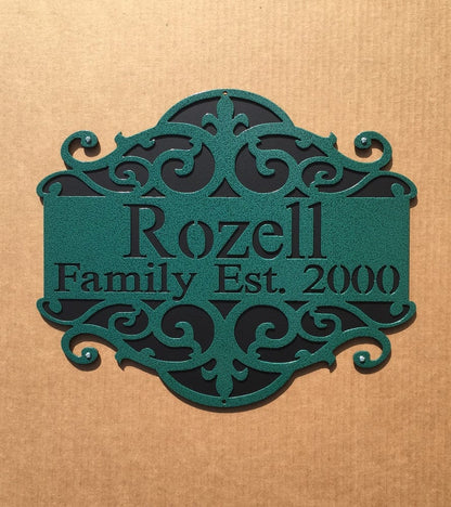 rustyroostermetal Physical product Personalized Sign with Scroll Design and Backing Plate (j29)