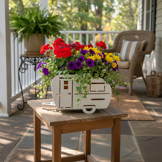 RV trailer planter on porch table