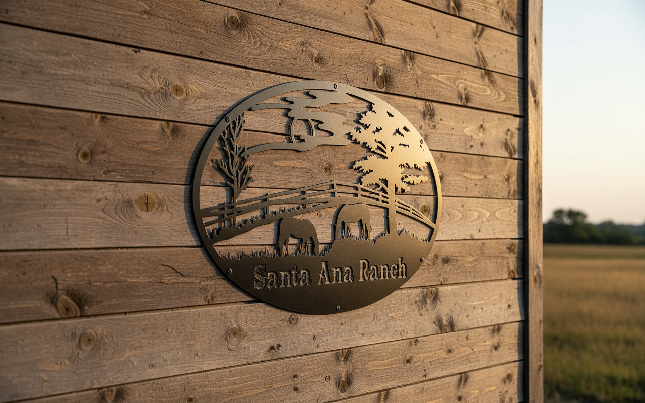 Santa Ana Ranch sign on wooden ranch house wall