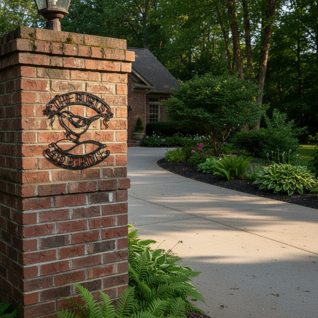 Songbird sign on brick wall by driveway