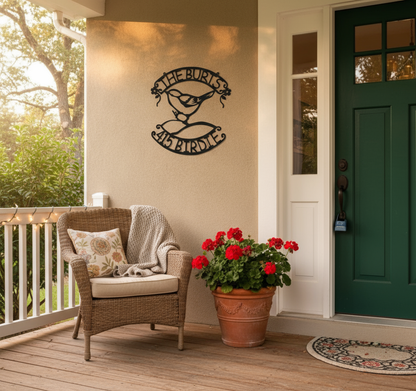 Songbird sign on front porch wall