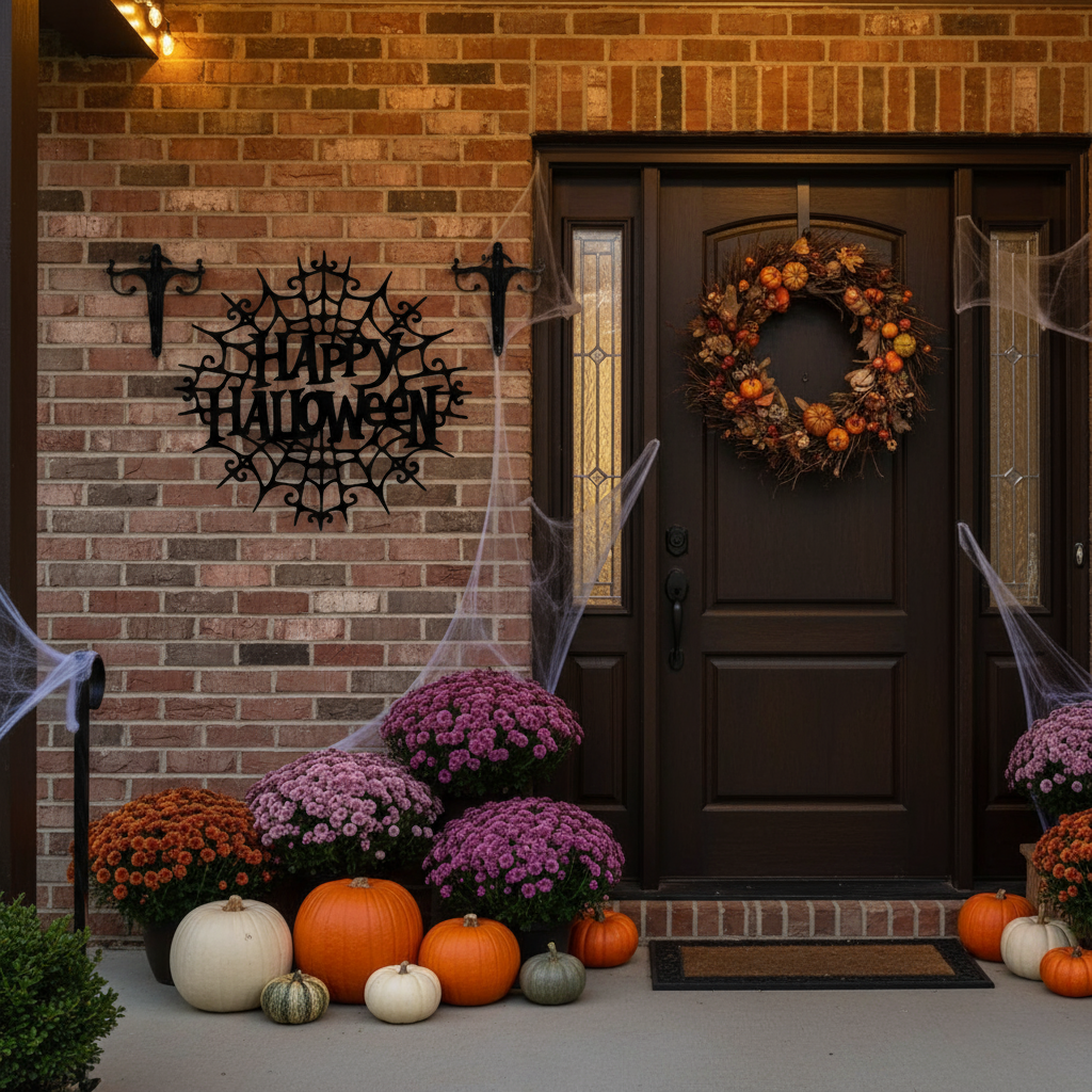 Spider web Happy Halloween sign on front porch wall