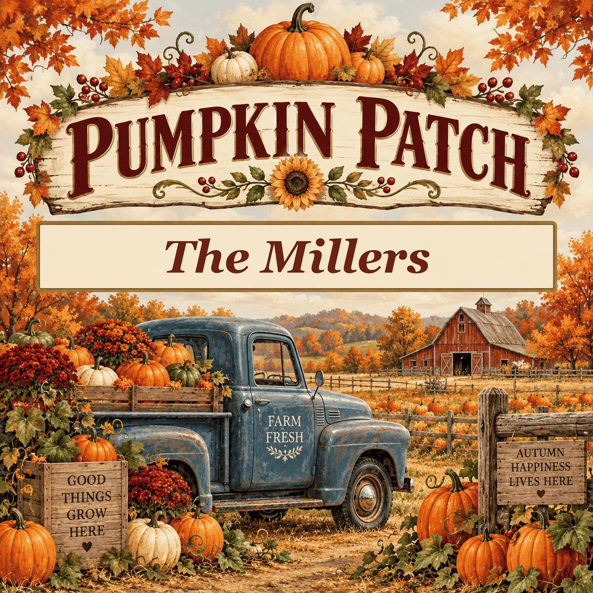 Family Pumpkin Patch square steel sign with sample family name The Millers