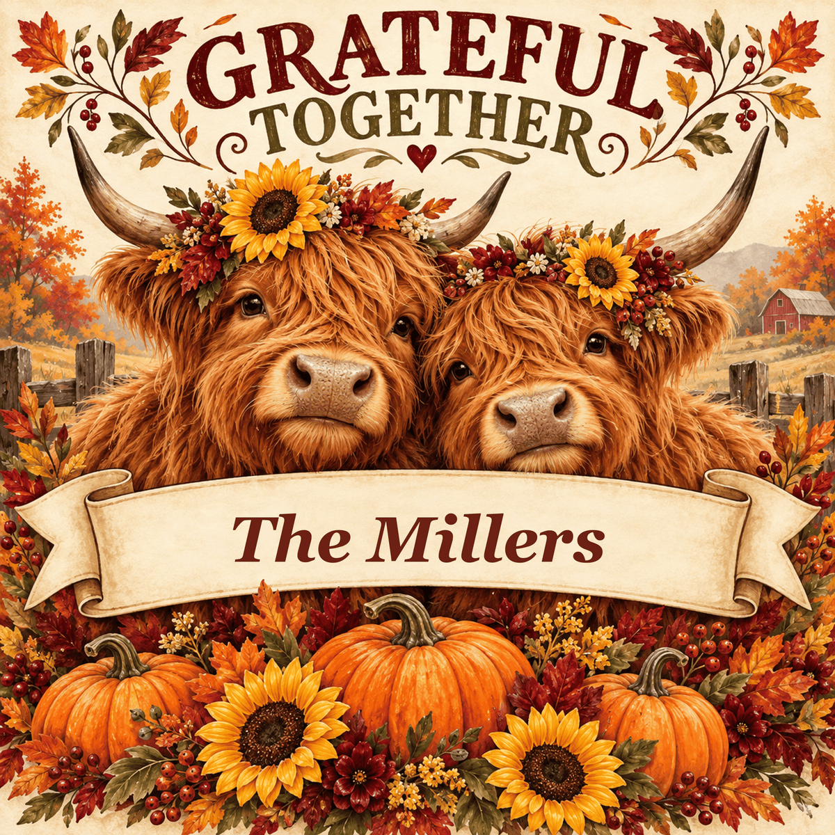 Grateful Together square steel sign with sample family name The Millers