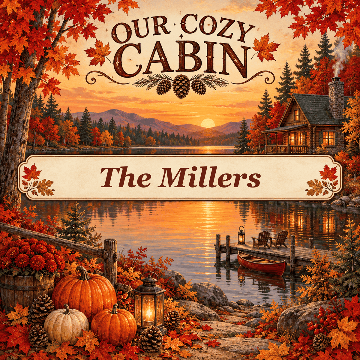 Our Cozy Cabin square steel sign with sample family name The Millers