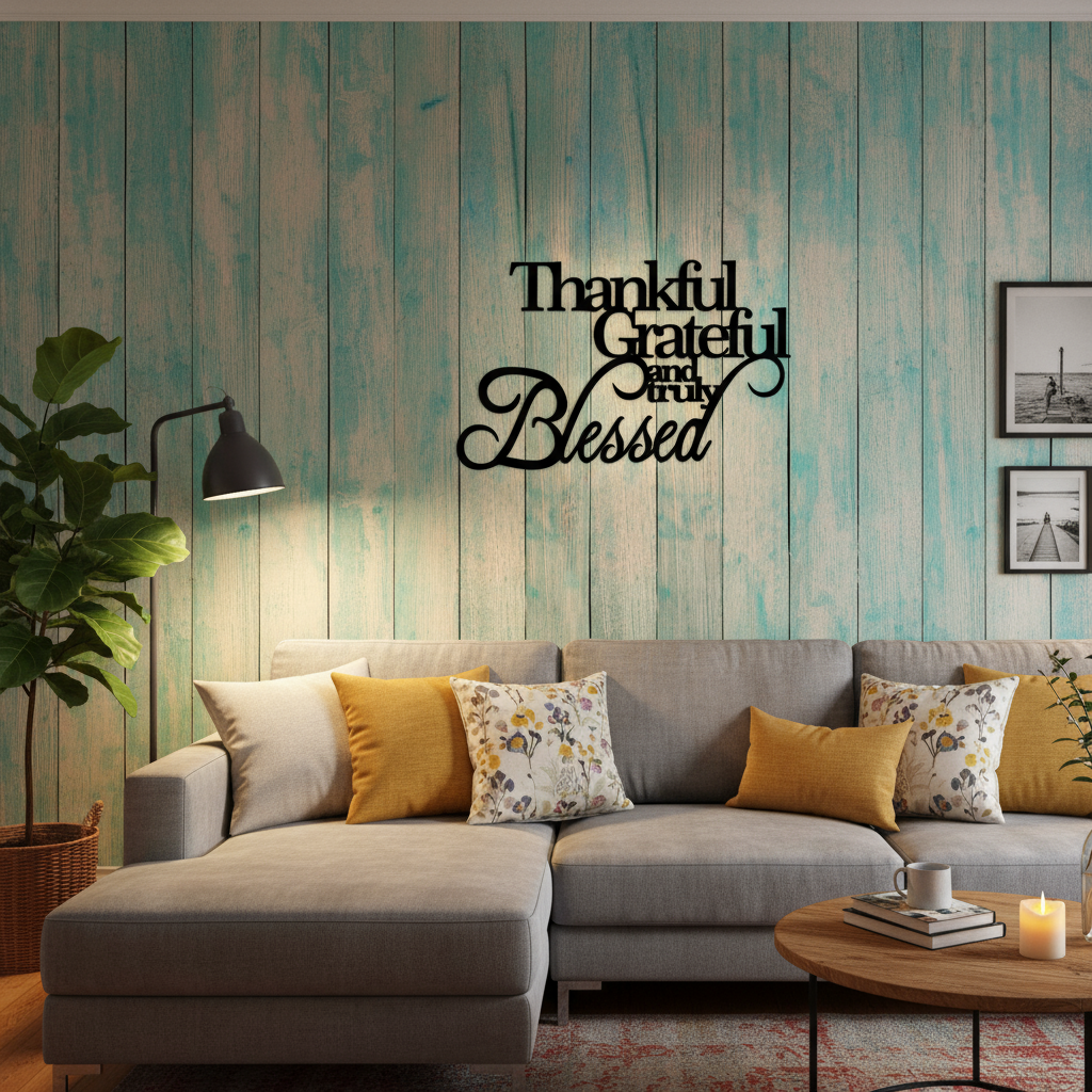 Thankful Grateful Blessed sign on living room wall