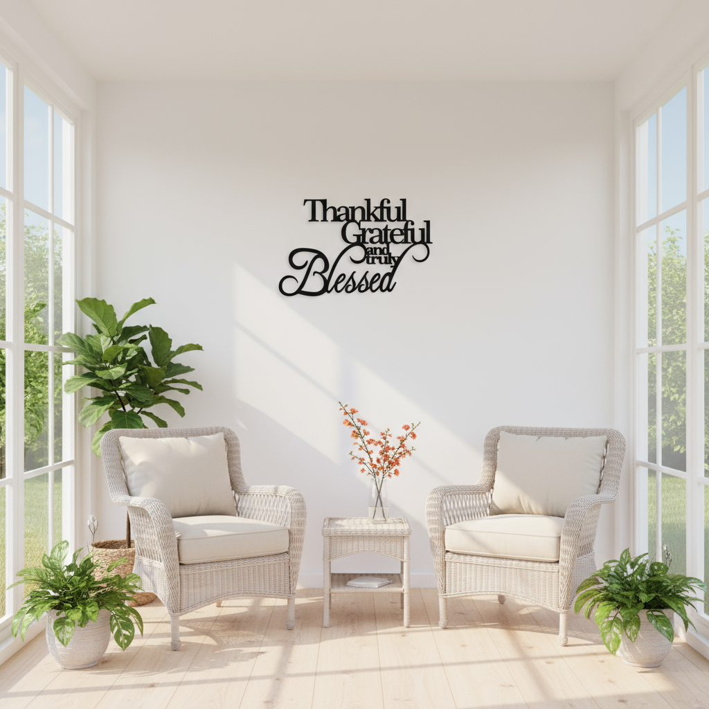 Thankful Grateful Blessed sign on white sunroom wall