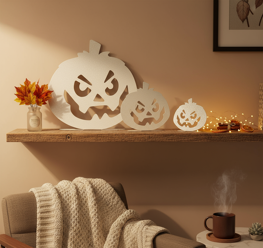 Three metal pumpkins on shelf