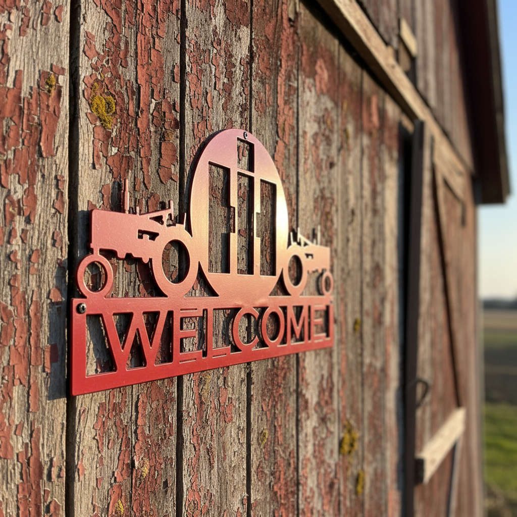 Tractor welcome sign on barn wall