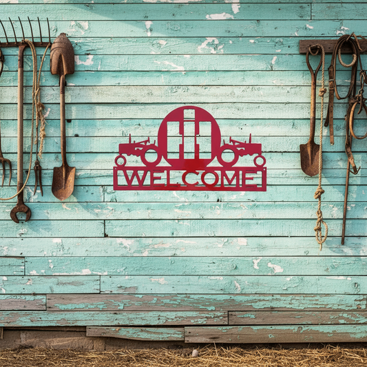 Tractor welcome sign on farm garage wall
