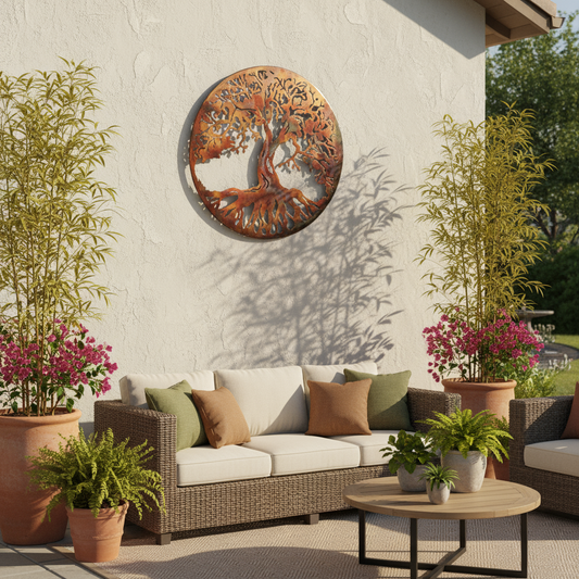 Tree of Life metal art on back patio wall
