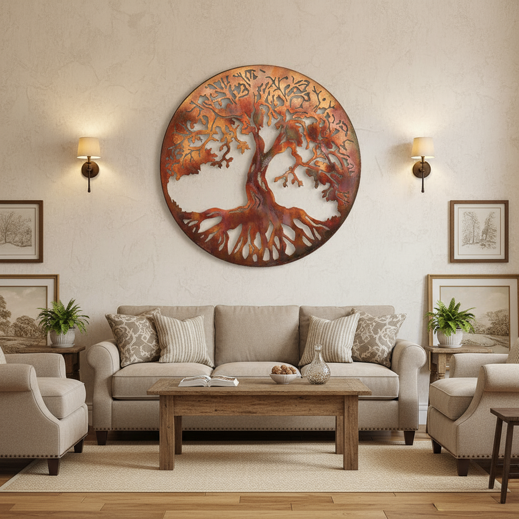 Tree of Life metal art on living room wall
