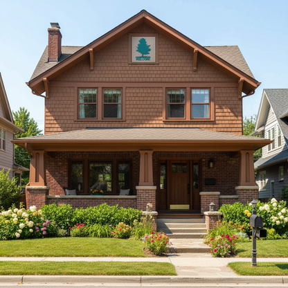 Tree welcome sign on house eave