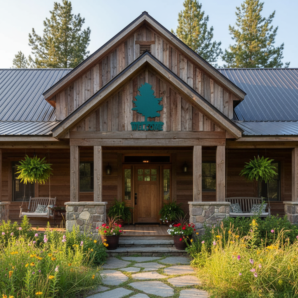 Tree welcome sign on rustic eave