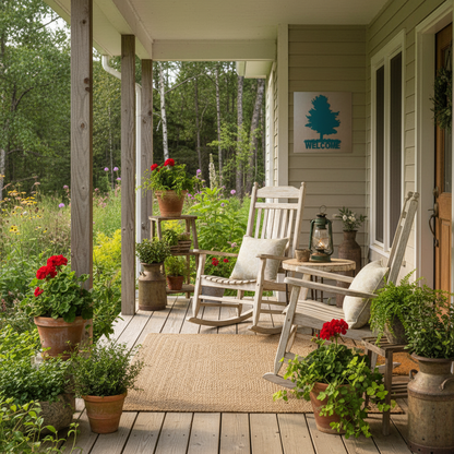 Tree welcome sign on rustic porch