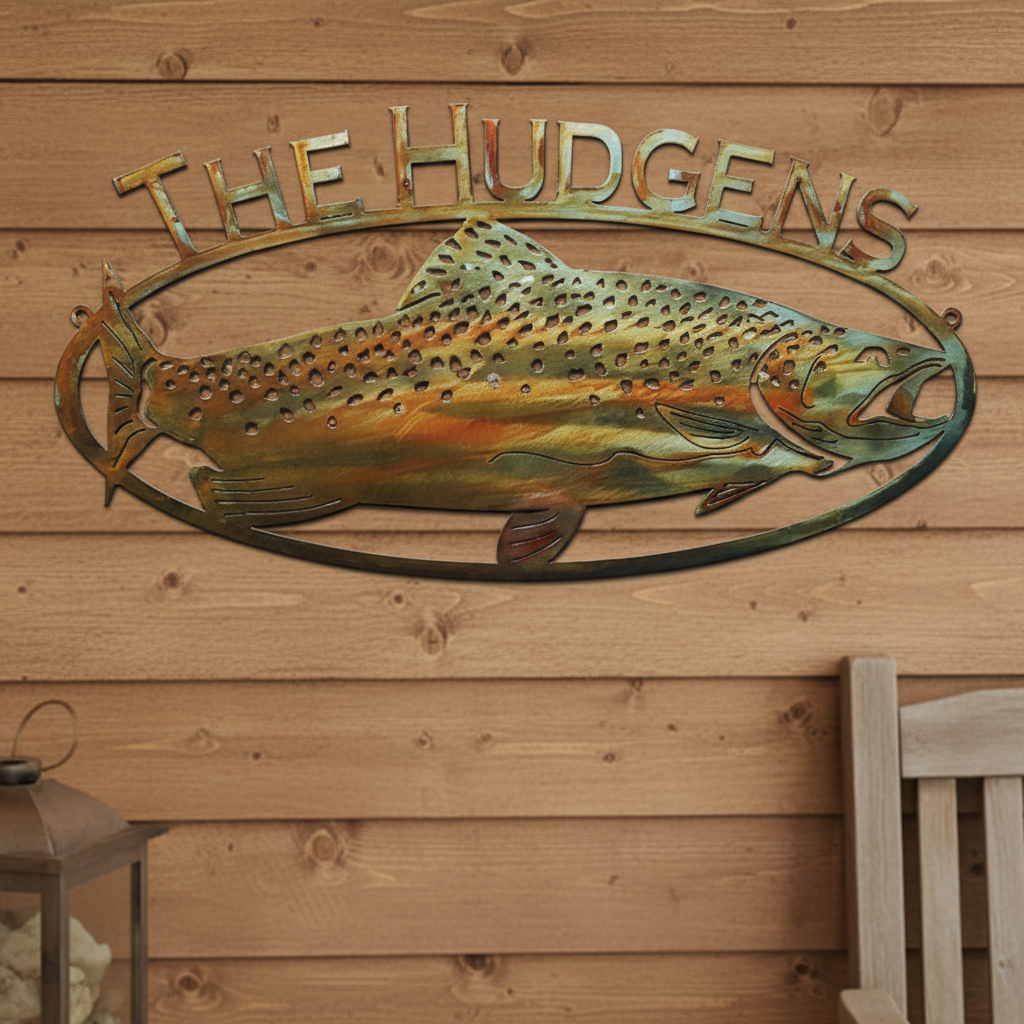 Trout fish sign on front porch wall