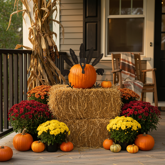 Turkey pumpkin decoration on fall porch