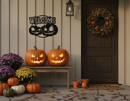 Welcome pumpkin sign on front porch wall