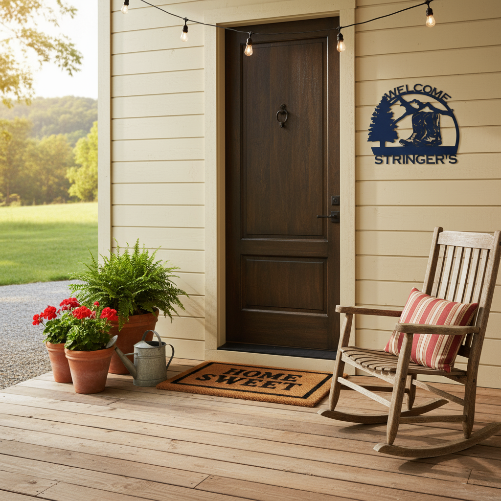 Welcome Stringers Cowboy Boots Sign on Front Porch