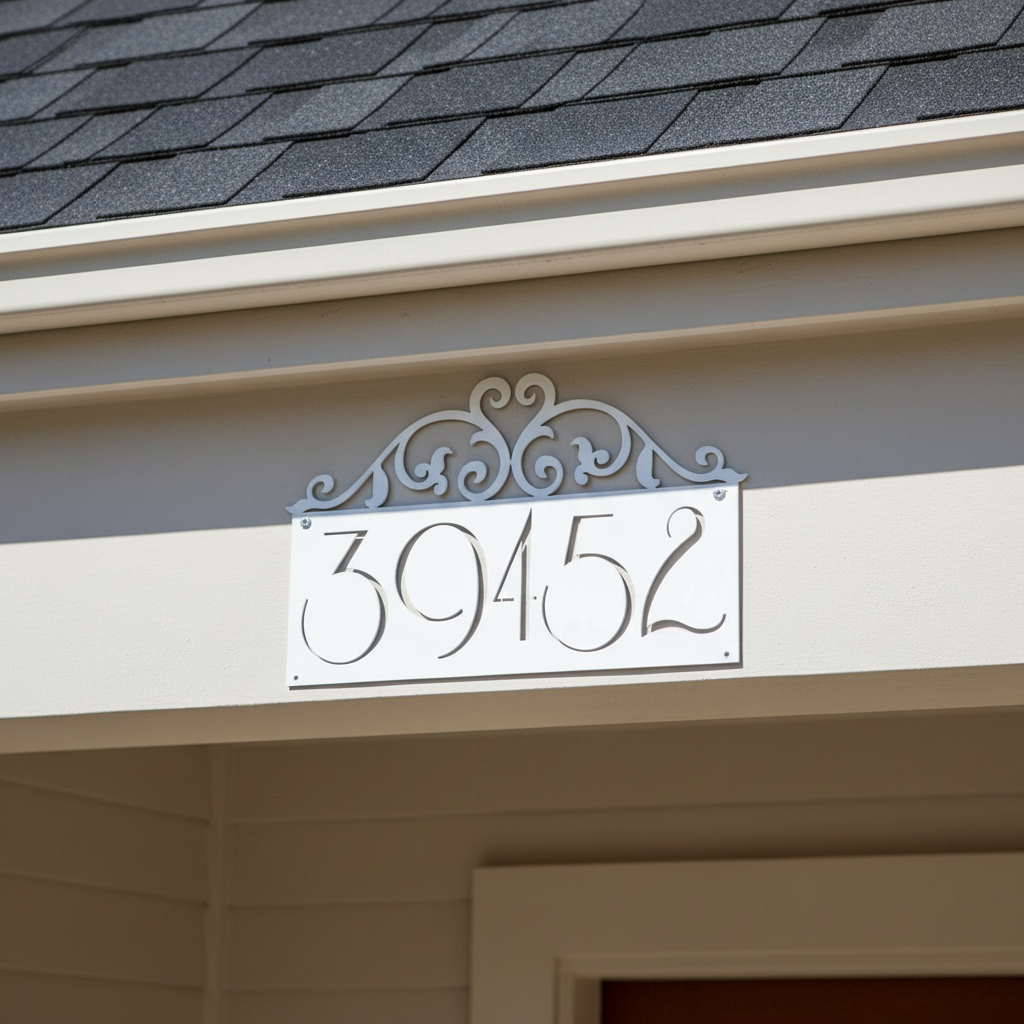 White address sign on eave