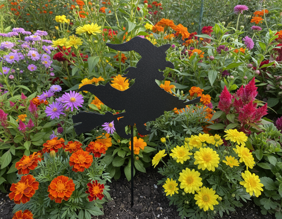 Witch on broom garden stake in flower bed