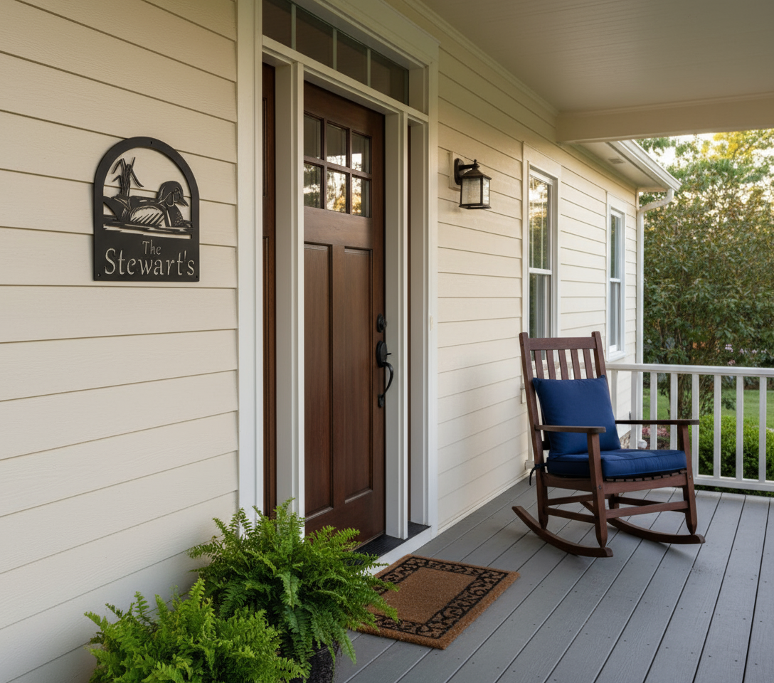 Wood duck sign on front porch wall