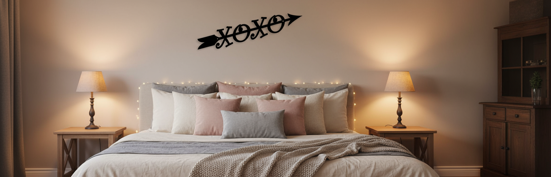 XOXO arrow sign on bedroom wall